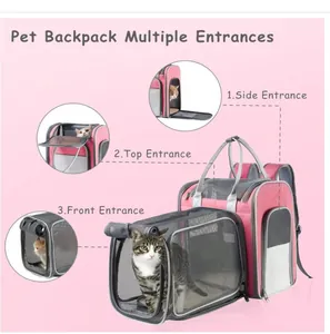 Vista detallada de mochila extensible para mascotas con tres entradas de malla y tela oxford