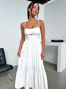 Elegant Solid Polyester Cami Maxi Dress For Women Summer Sexy Cut Out Tiered A-Line Beach Party Spaghetti Strap Dress