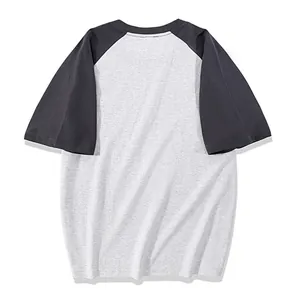 Back view of a premium 230G cotton raglan sleeve T-shirt in heather grey and charcoal