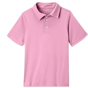 Close-up of children's pink short-sleeved polo shirt with detailed collar and buttons.