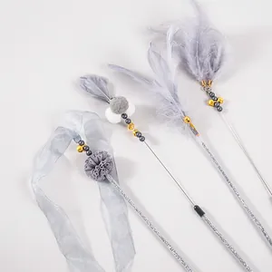 Grey interactive cat teaser wand set with soft feathers ribbons and small bells