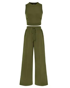 Detail view of olive green two-piece ribbed knit set with sleeveless top and wide-leg pants