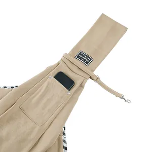 Breathable khaki pet sling carrier bag for cats and small dogs with handy phone pocket