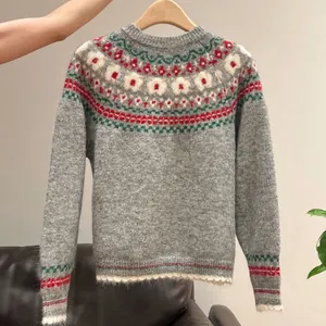 Vintage Fair Isle knit sweater for women, soft grey pullover with colorful yoke pattern