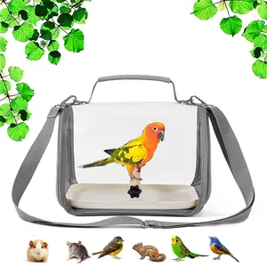 Portable transparent bird carrier bag featuring a wooden perch and adjustable strap
