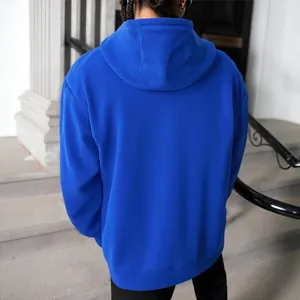 Vibrant royal blue fleece oversized hooded sweatshirt for men shown from the back view