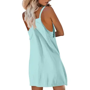 Back view detail of light blue casual sleeveless sundress with layered strap design