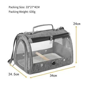 Dettaglio della borsa da trasporto trasparente per uccelli, dimensioni 34x24,5x24 cm