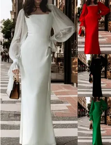 Elegant floor-length evening gown with long sheer sleeves and square neck in multiple colors