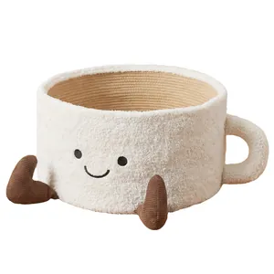 Cute cup-shaped plush cat bed with integrated scratcher and smiley face decoration