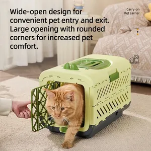 Foldable light green pet carrier with large opening for easy access for cats and dogs