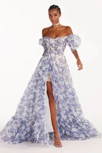 Elegant off-the-shoulder floral organza evening dress with puff sleeves and high slit