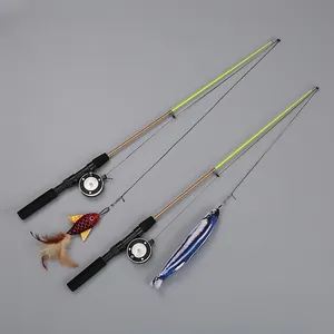 Retractable cat teaser fishing rod toy with feather and plush fish lures for indoor exercise.