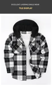 Professional flat lay display of a black and white checkered hooded shirt for men