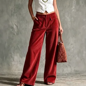 Vintage burnt orange corduroy wide-leg pants for women with high waist and pockets