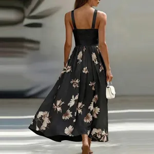 Back view of a black floral print sleeveless backless maxi dress with smocked bodice