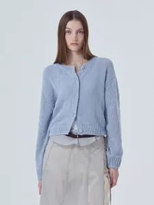 Women's Round Neck Acrylic Knit Cardigan Loose Long Sleeve Button Down Solid Color Casual Sweater Top
