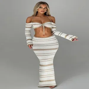 Sexy striped knit two-piece set featuring a halter long sleeve top and maxi skirt
