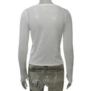 Back view detail of white long sleeve mesh knit top featuring delicate openwork.