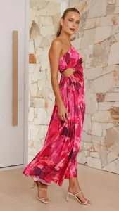 Detailed view of an elegant pink floral one-shoulder pleated dress with waist cutout detail