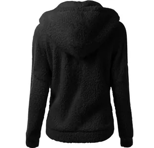 Back view of a cozy black fuzzy sherpa fleece hooded jacket for women, stylish fit.