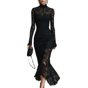 Elegant black lace long-sleeved bodycon maxi dress with high neck and mermaid hem