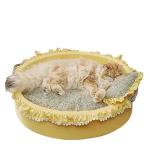 Cozy yellow floral ruffle pet sofa bed for cats and small dogs with soft cushion