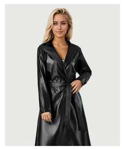 Elegant long black leather trench coat for women featuring a stylish wrap belt design