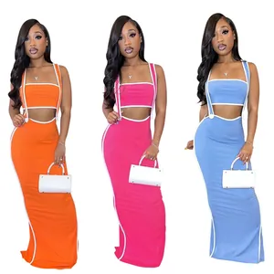 Sexy ribbed two-piece set featuring sleeveless crop top and bodycon long skirt in 3 colors