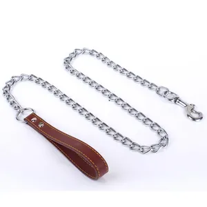 Durable metal chain dog leash with comfortable brown leather handle for pets.
