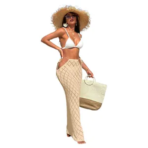 Elegant beige crochet lace-up maxi skirt for sexy summer beach resort wear