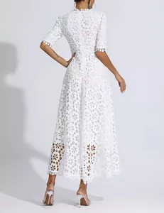 Elegant white floral lace midi evening dress with half sleeves shown from the back view