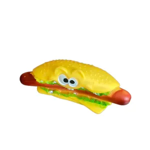 Funny cartoon hot dog shaped squeaky pet toy for dogs, durable rubber chew toy for puppies