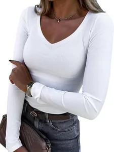 Elegant women's slim fit white ribbed long sleeve T-shirt with a deep V-neckline