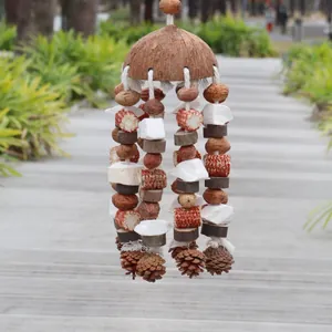 Natural parrot chew toy with coconut shell, pine cones, and cuttlebone detail.
