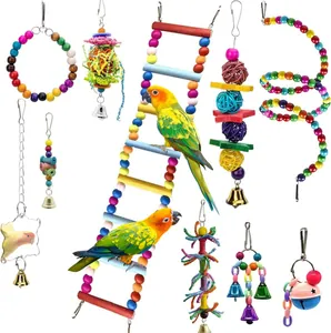 Natural Wood Colorful Parrot Toy Set Bird Cage Accessories With Swings Bells Ladders For Small Medium Birds Chewing Climbing