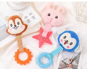 Durable plush cartoon dog chew toys with textured TPR rings for dental health and play