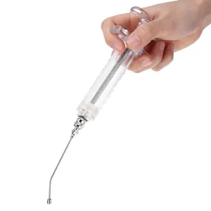 Hand-held professional bird syringe feeder with curved metal nozzle for parrot chicks.