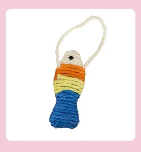 Macro view of colorful woven sisal fish cat toy with durable rope texture for scratching