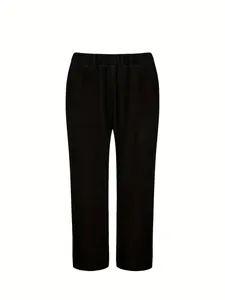 Detailed front view of women's black high-waisted casual trousers featuring elastic waistband