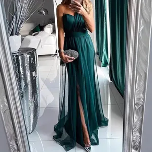 Robe de Soirée Maxi Élégante à Une Épaule avec Fente Haute pour Femme Couleur Unie Polyester Satin Tulle Patchwork Robe de Bal