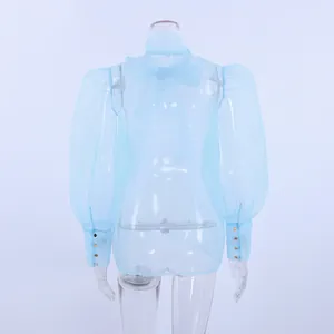 Vista detallada de la espalda de blusa de malla azul claro transparente con mangas abullonadas