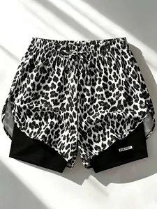 Pantaloncini da corsa leopardati da donna con design a doppio strato anti-esposizione sport.