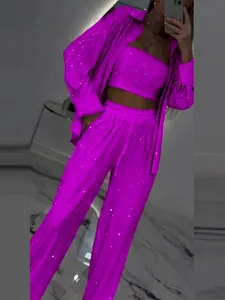 Stylish women's 3-piece magenta sequin outfit set including shirt, tube top, and long pants