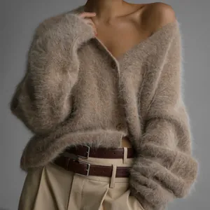 Women's Elegant V-Neck Knit Cardigan Faux Mink Velvet Oversized Soft Acrylic Spandex Sweater Loose Outerwear Top