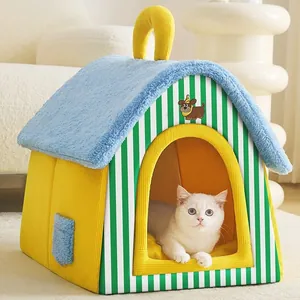 Pet Cat Dog House Bed Winter Warm Enclosed Pet Nest Soft Corduroy Plush Striped Removable Washable Pet Sleeping Cave For Indoor