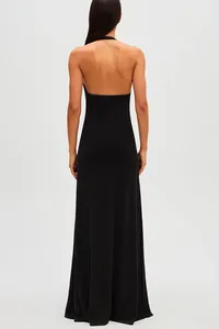 Detailed back view of a sleek black backless halter-neck maxi dress for women.