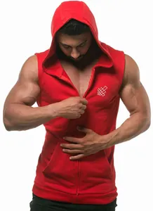 Detailed view of red sleeveless hooded gym vest featuring zip front and muscle-fit design.