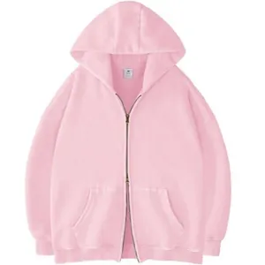 Casual oversized roze hoodie met rits, dubbele metalen ritssluiting en kangoeroezakken