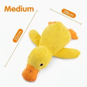 Medium size yellow corduroy plush duck squeaky dog toy with 32cm and 28cm measurements